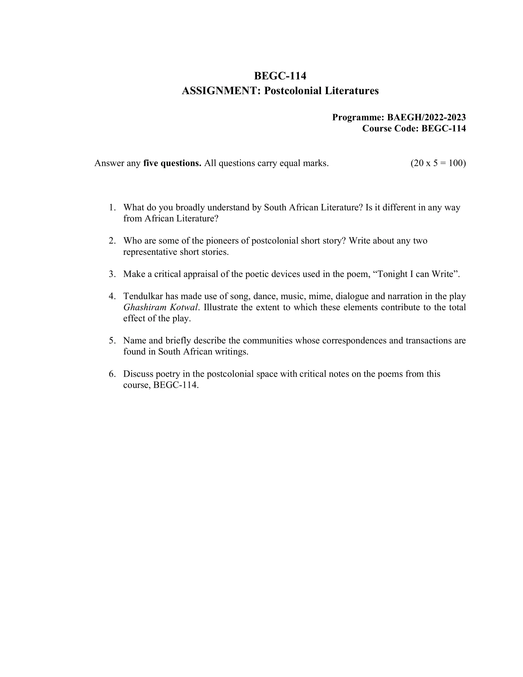 BEGC-114 IGNOU BAG Solved Assignment-Postcolonial Literatures 