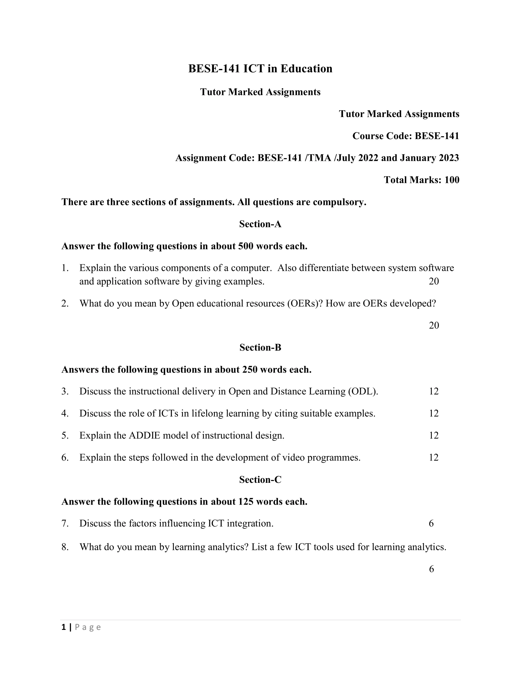 BESE-141 IGNOU BAG Solved Assignment-ICT in Education