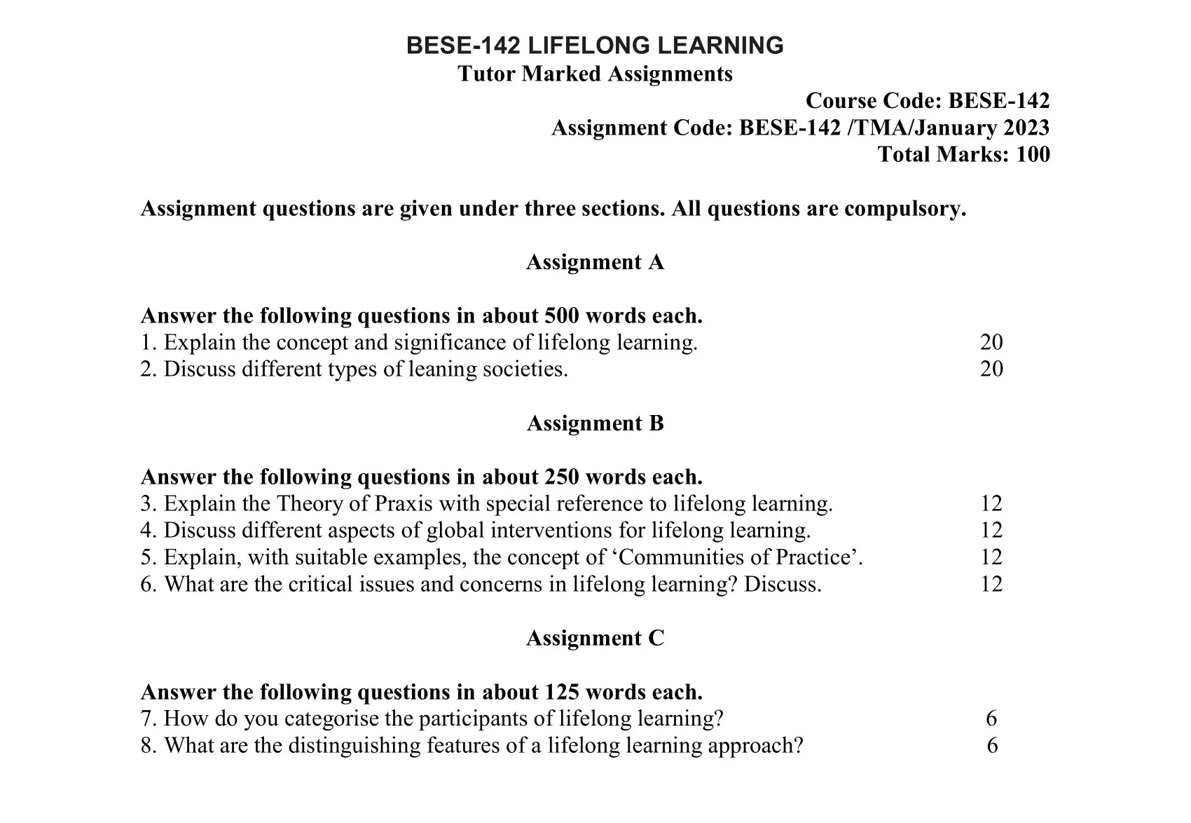 BESE-142 IGNOU BAG Solved Assignment-LIFELONG LEARNING