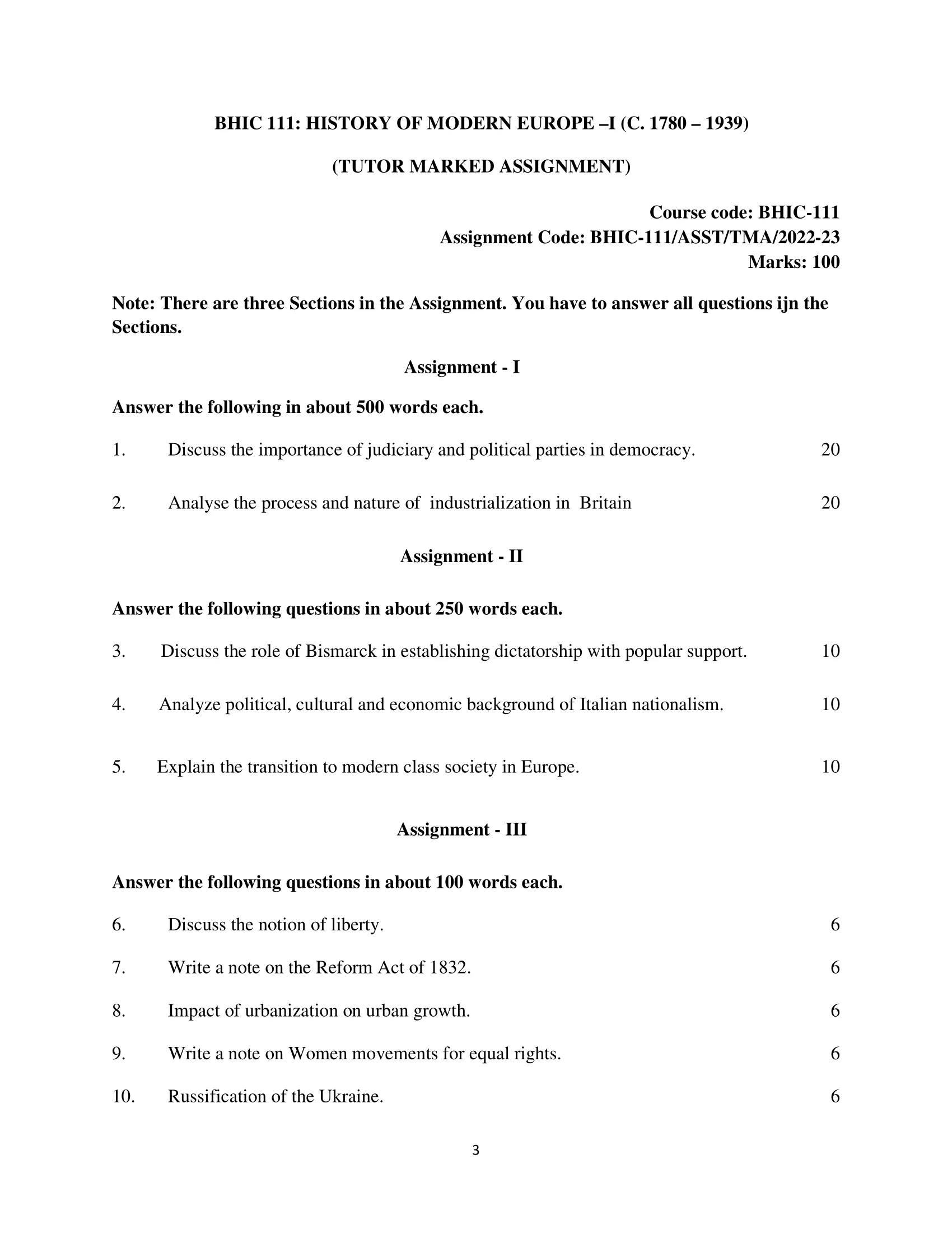 BHIC 111 IGNOU Solved Assignment 2022-2023 HISTORY OF MODERN EUROPE –I