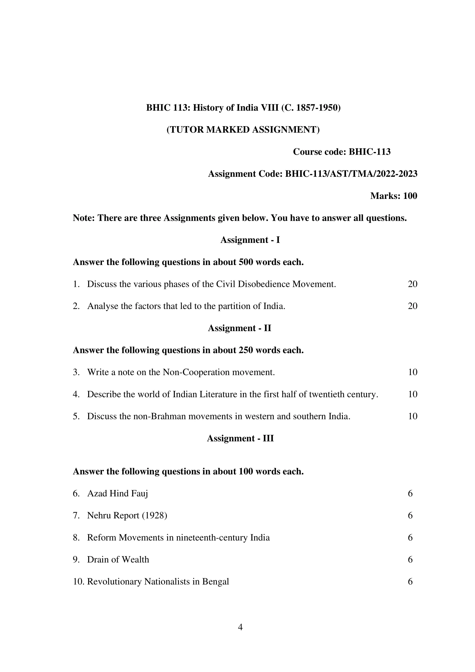 BHIC 113 IGNOU Solved Assignment 2022-2023  History of India-VIII 