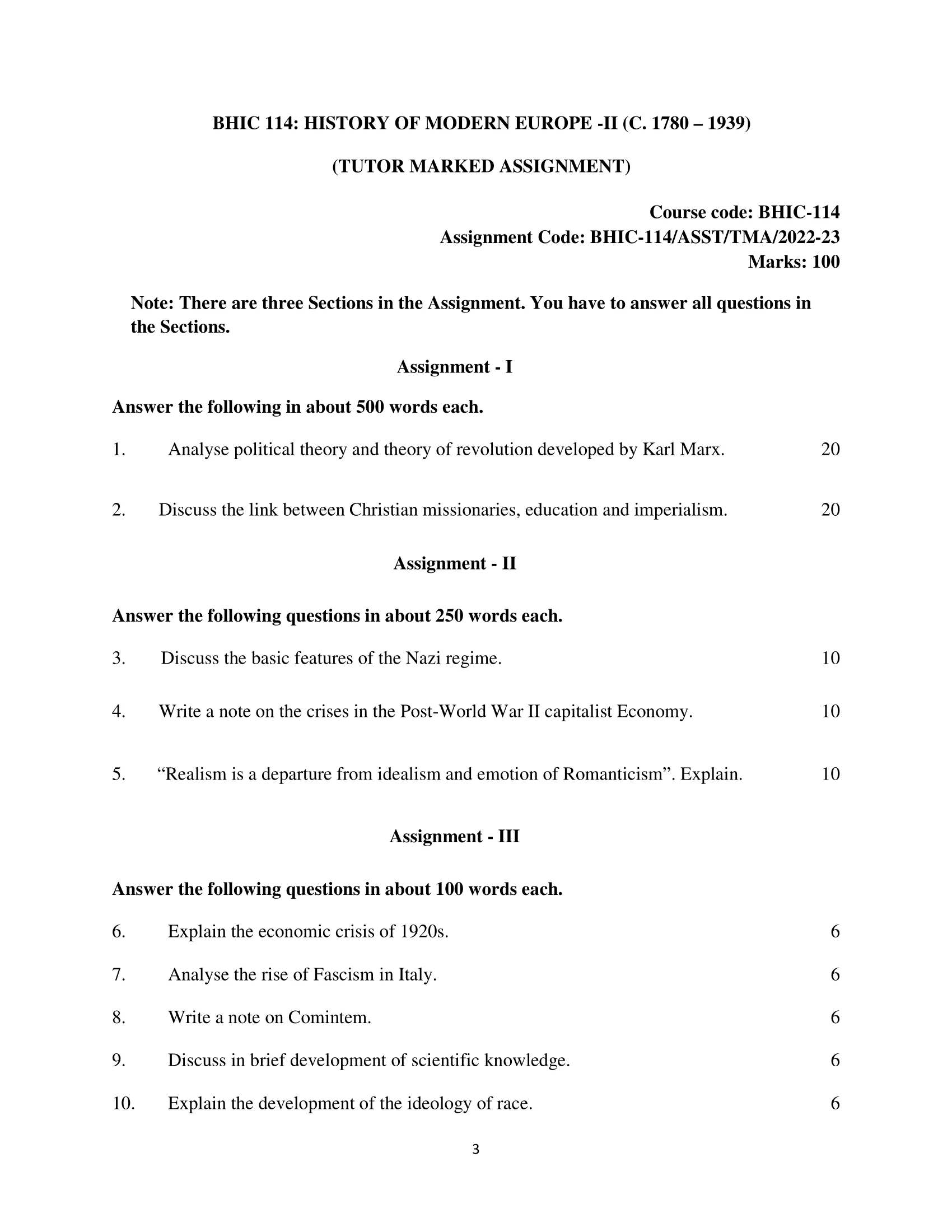 BHIC 114 IGNOU Solved Assignment 2022-2023 HISTORY OF MODERN EUROPE -II