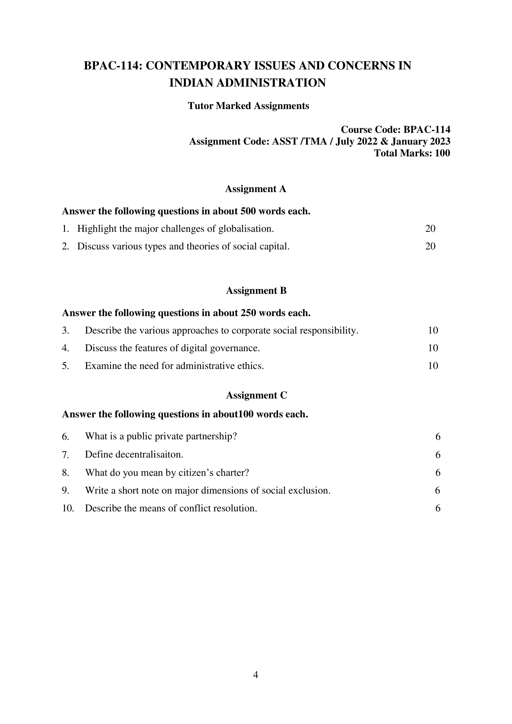 BPAC-114 IGNOU BAG Solved Assignment-CONTEMPORARY ISSUES AND CONCERNS IN INDIAN ADMINISTRATION