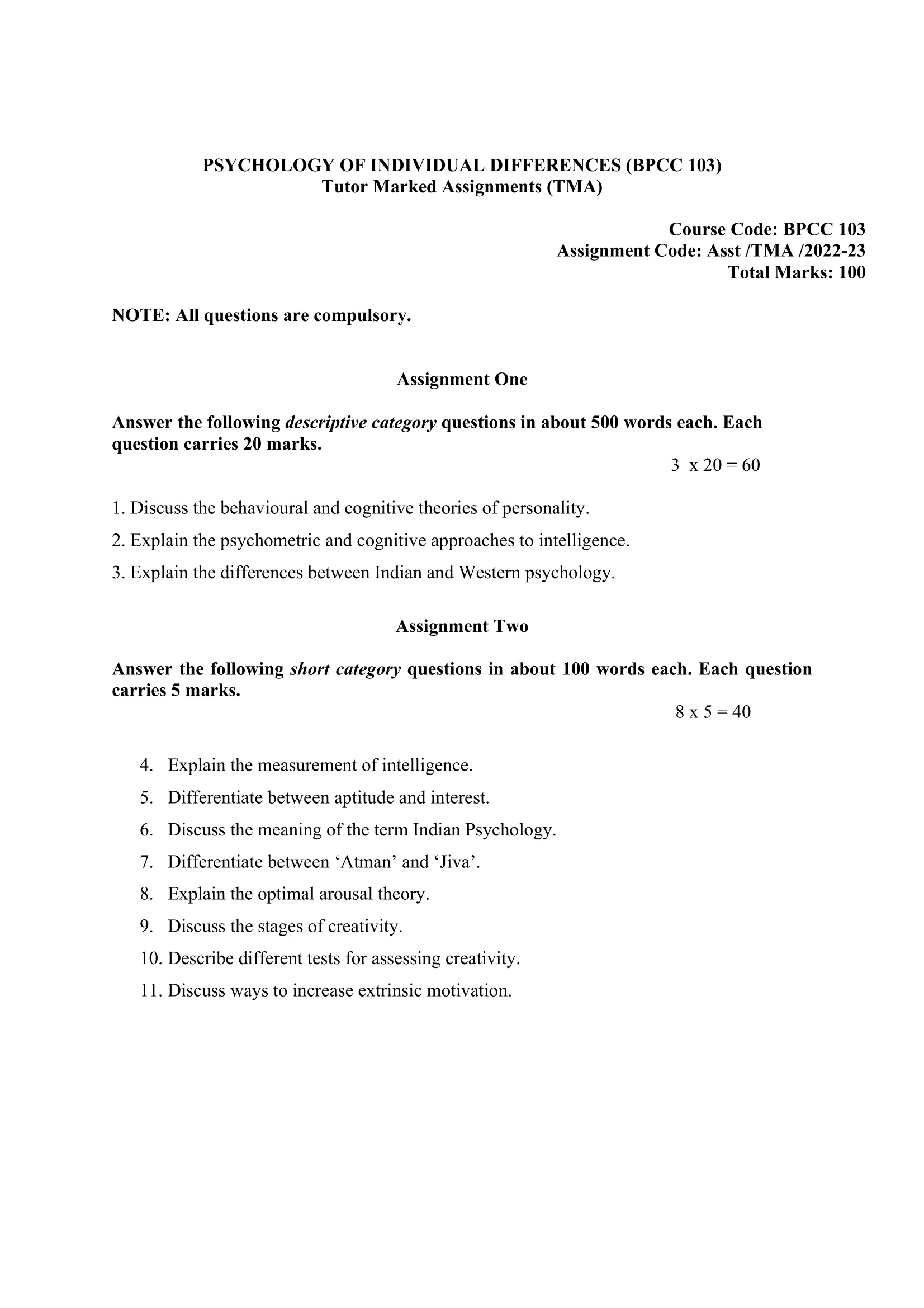 BPCC 103 IGNOU Solved Assignment 2022-2023 PSYCHOLOGY OF INDIVIDUAL DIFFERENCES