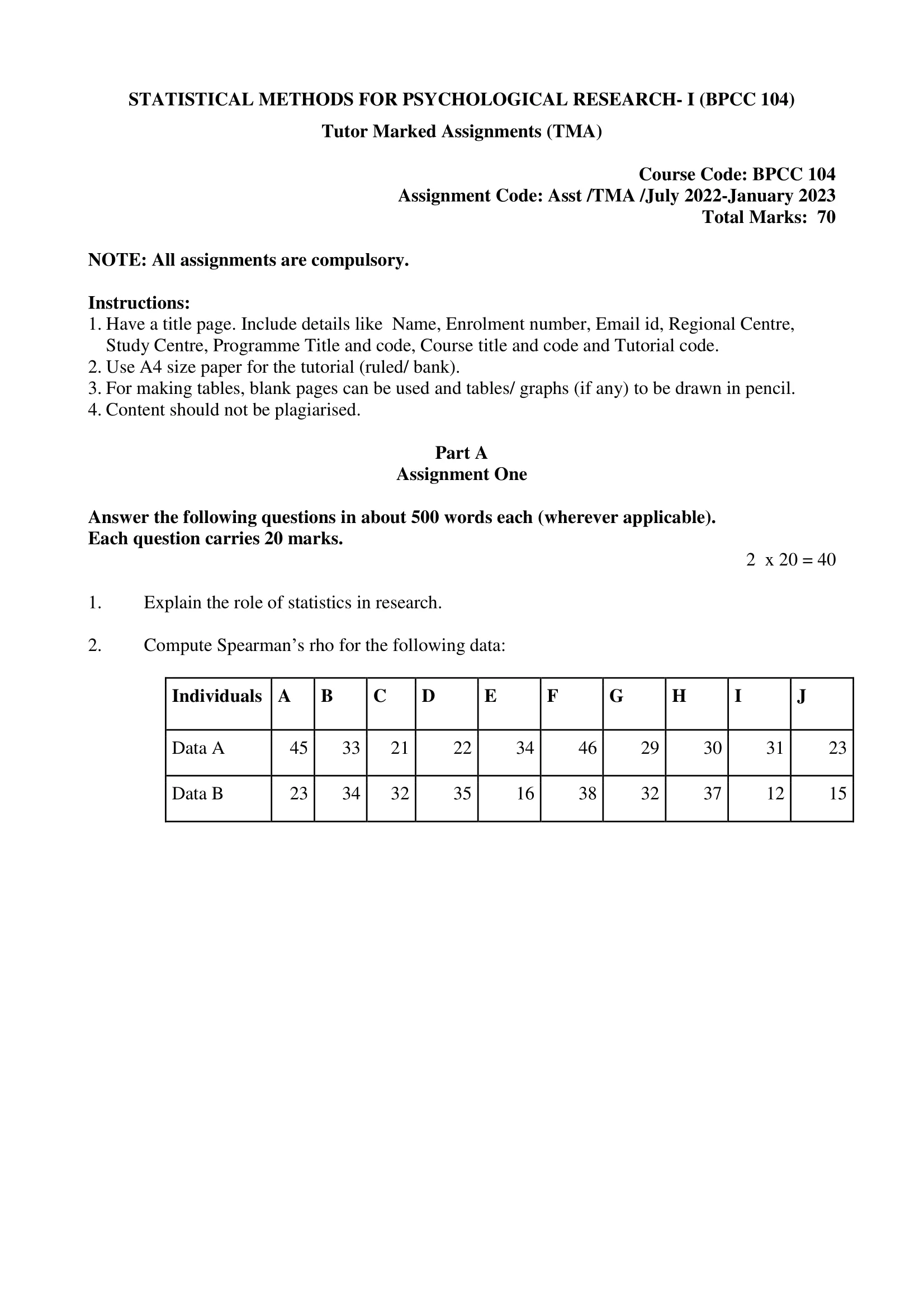 BPCC-104 IGNOU BAG Solved Assignment-STATISTICAL METHODS FOR PSYCHOLOGICAL RESERACH-I