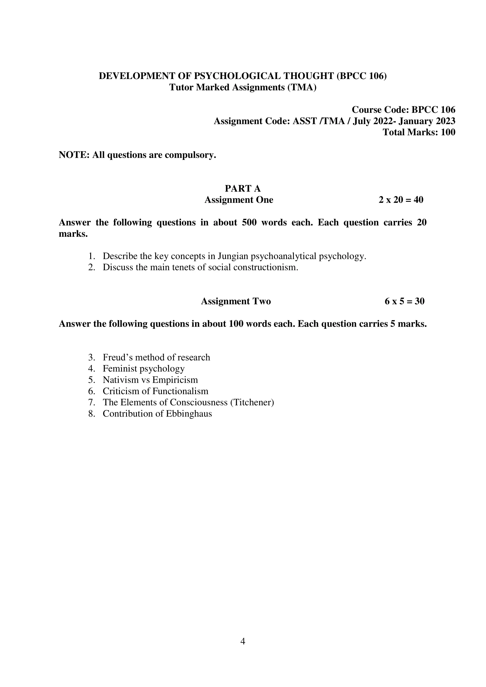 BPCC-106 IGNOU BAG Solved Assignment-DEVELOPMENT OF PSYCHOLOGICAL THOUGHT