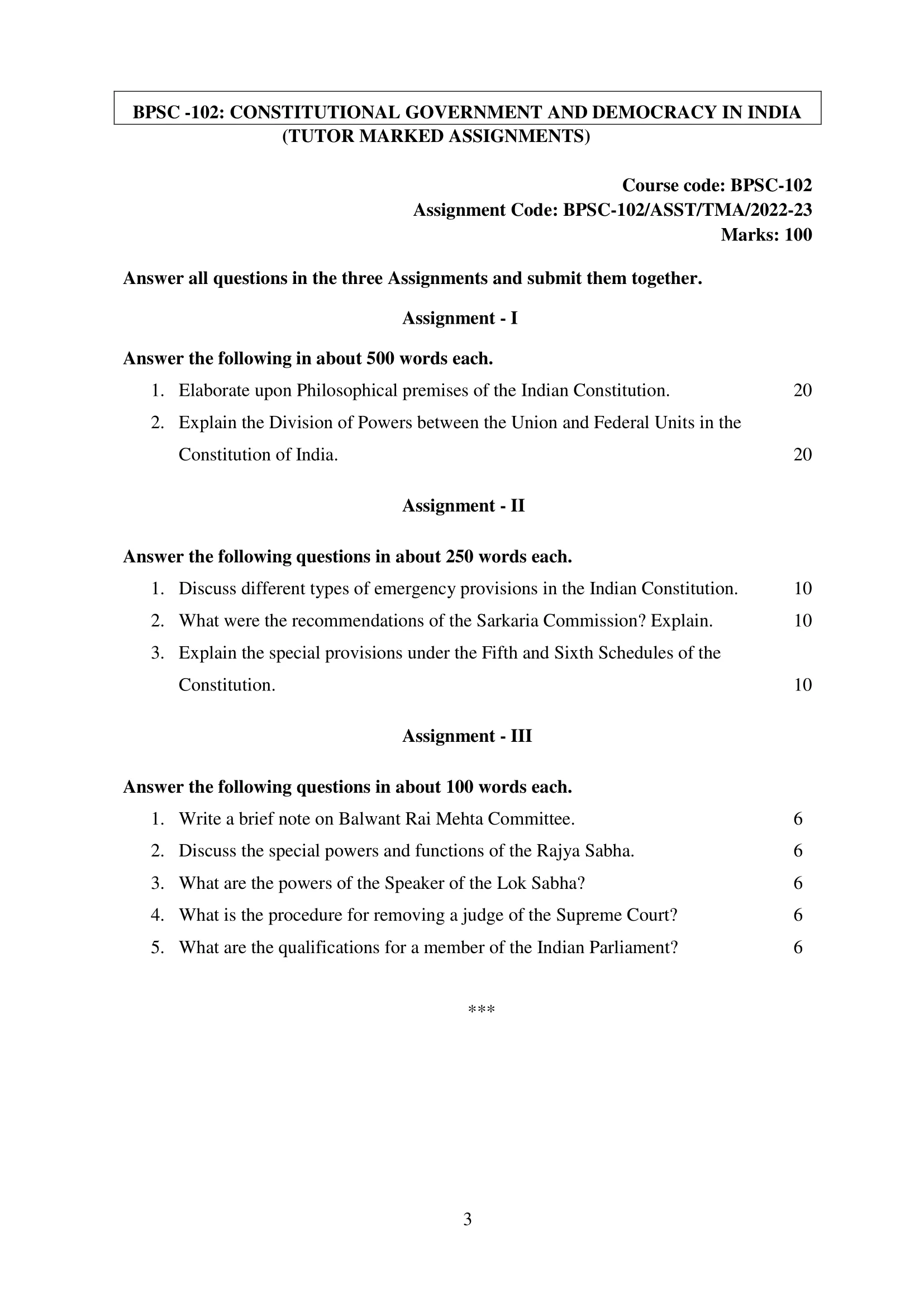 BPSC-102 IGNOU BAG Solved Assignment-CONSTITUTIONAL GOVERNMENT AND DEMOCRACY IN INDIA
