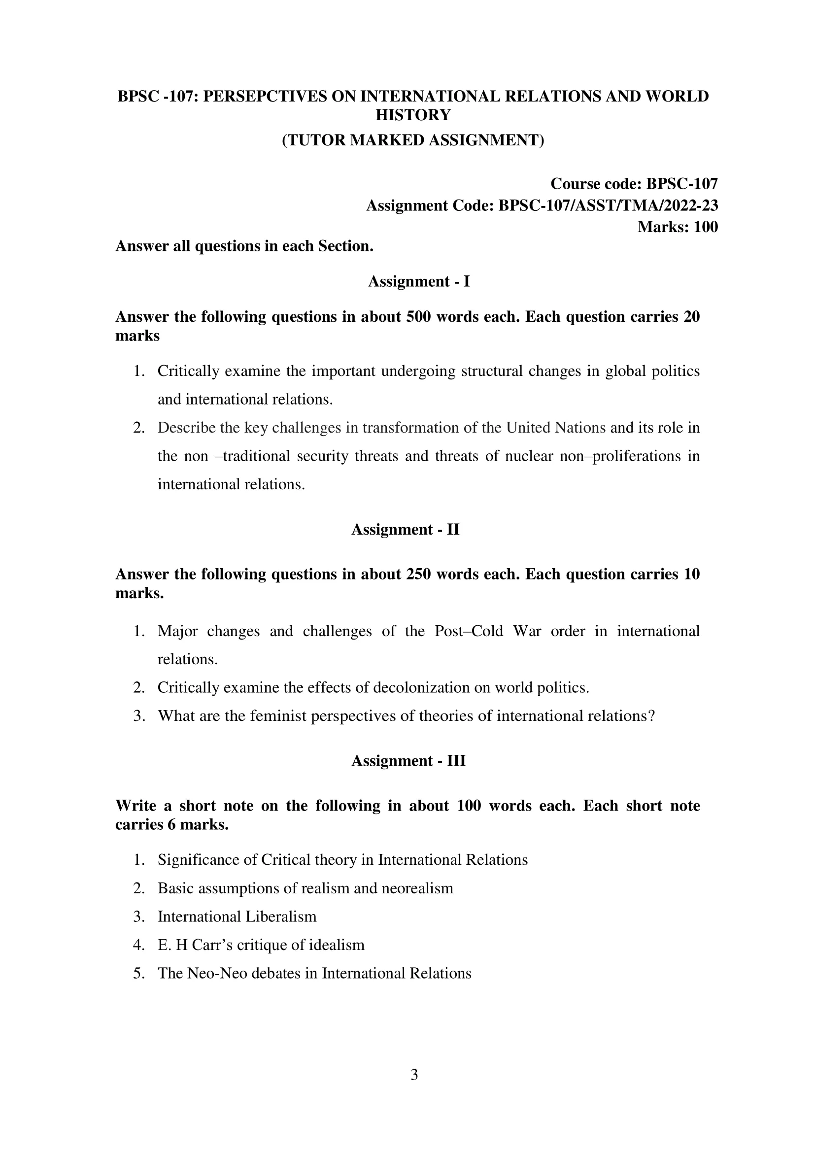 BPSC-107 IGNOU BAG Solved Assignment-PERSEPCTIVES ON INTERNATIONAL RELATIONS AND WORLD