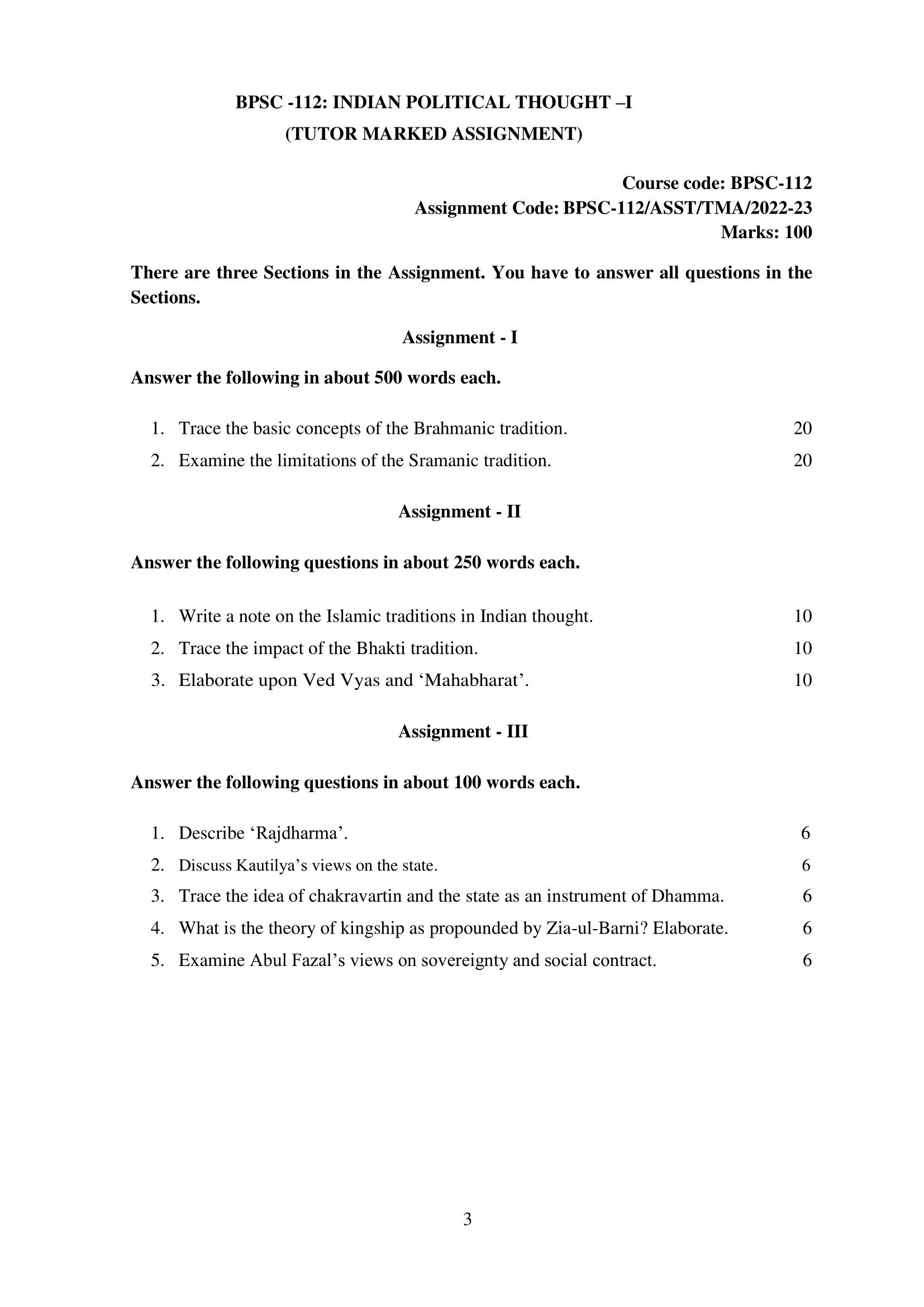 BPSC-112 IGNOU BAG Solved Assignment-INDIAN POLITICAL THOUGHT–I 