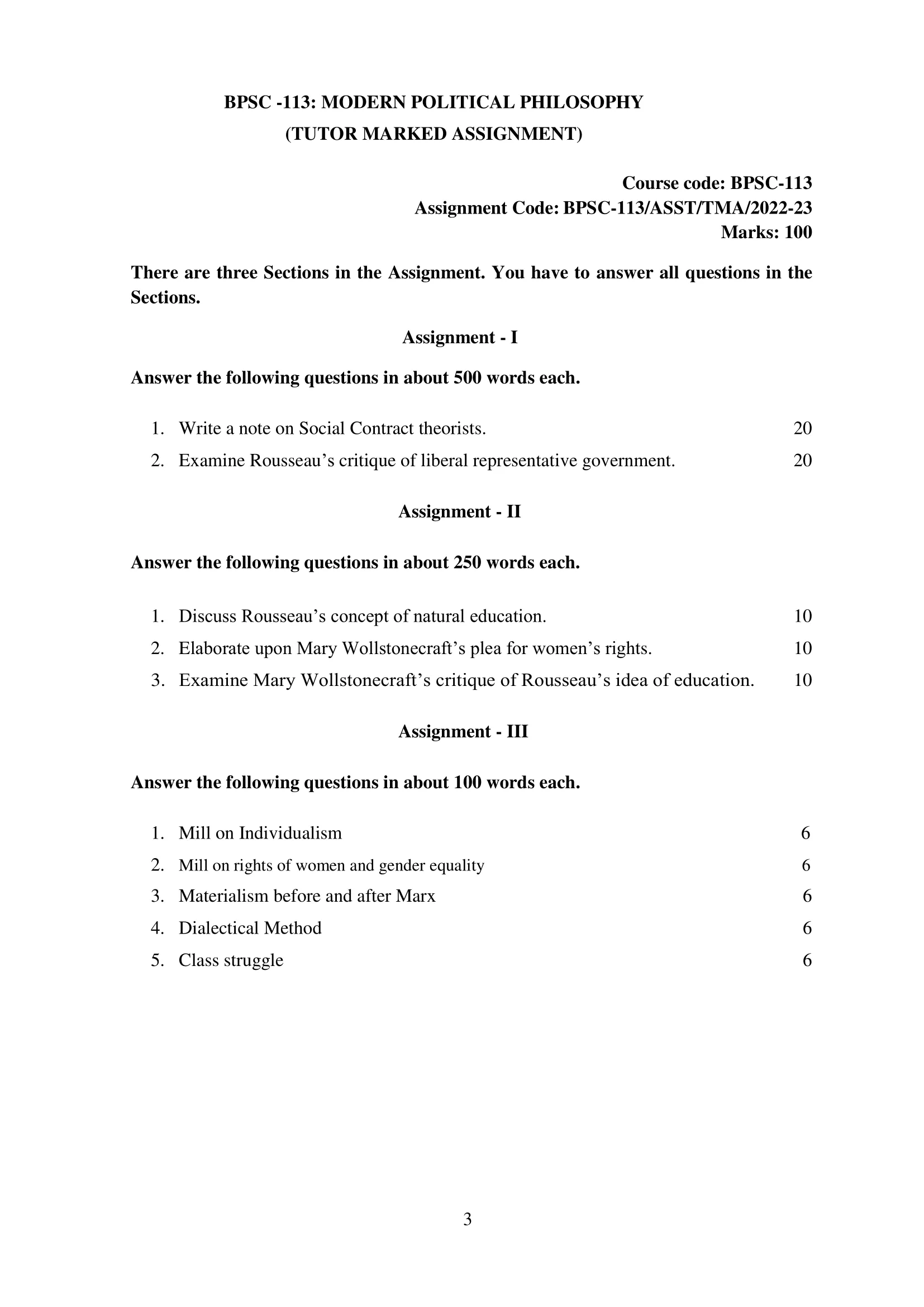 BPSC-113 IGNOU BAG Solved Assignment-MODERN POLITICAL PHILOSOPHY