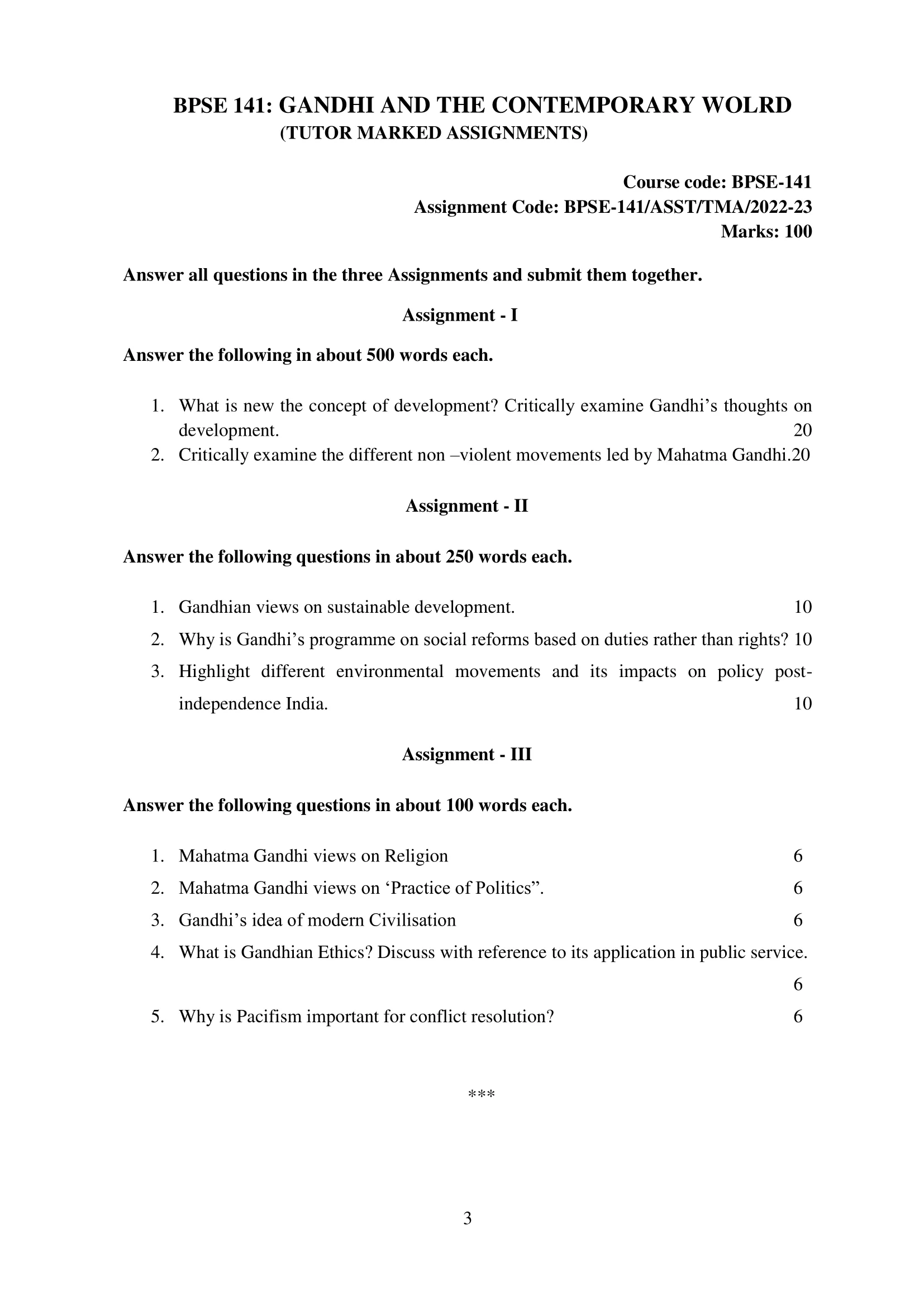 BPSE 141 IGNOU Solved Assignment 2022-2023 GANDHI AND THE CONTEMPORARY WOLRD
