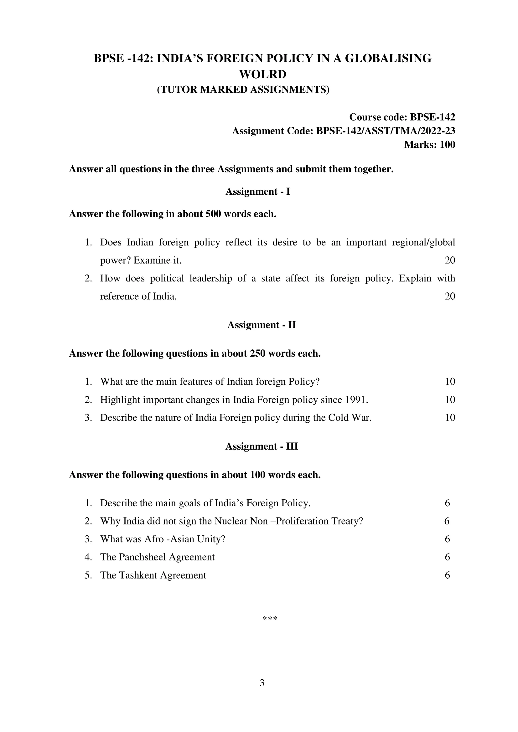 BPSE 142 IGNOU Solved Assignment 2022-2023 INDIA’S FOREIGN POLICY IN A GLOBALISING WORLD