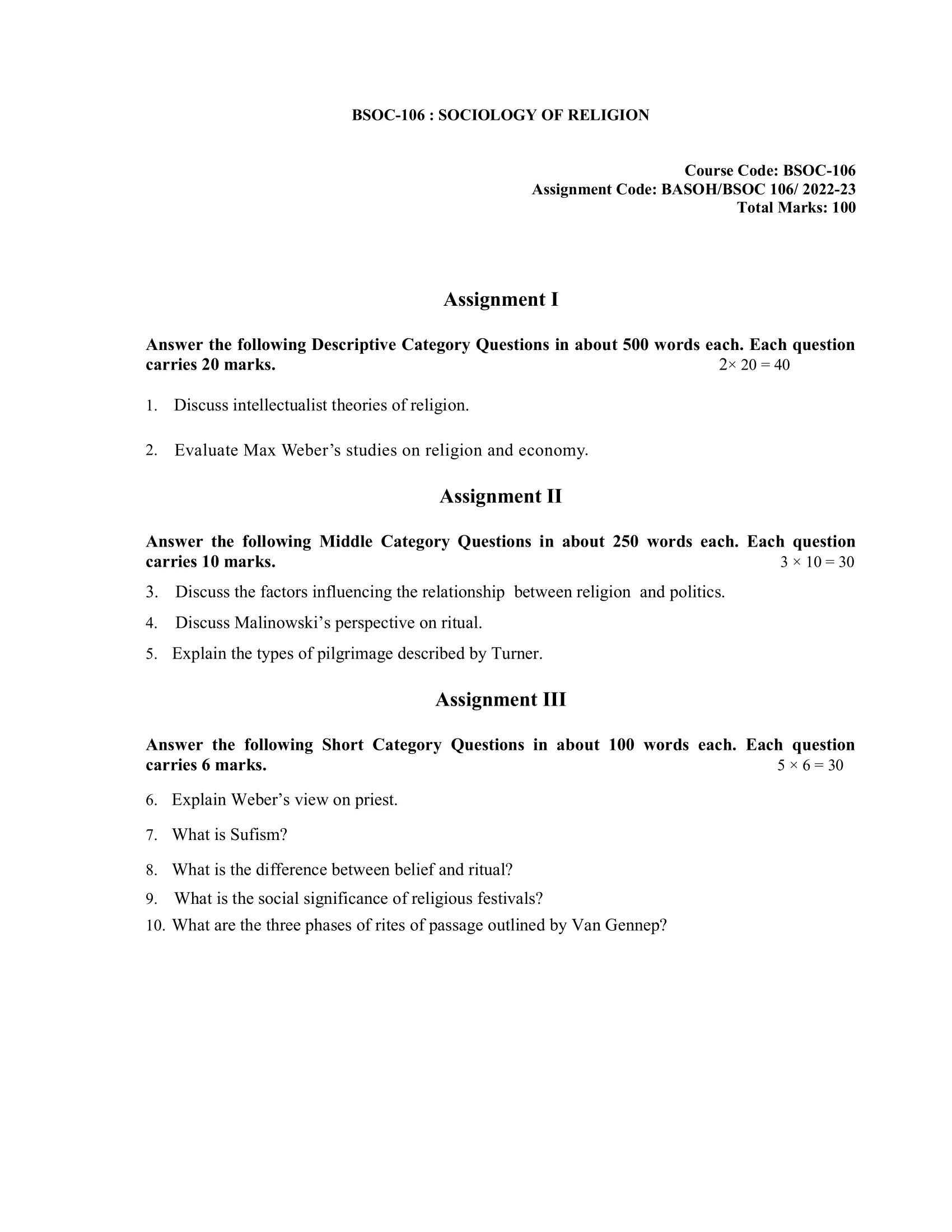 BSOC 106 IGNOU BAG Solved Assignment-SOCIOLOGY OF RELIGION 