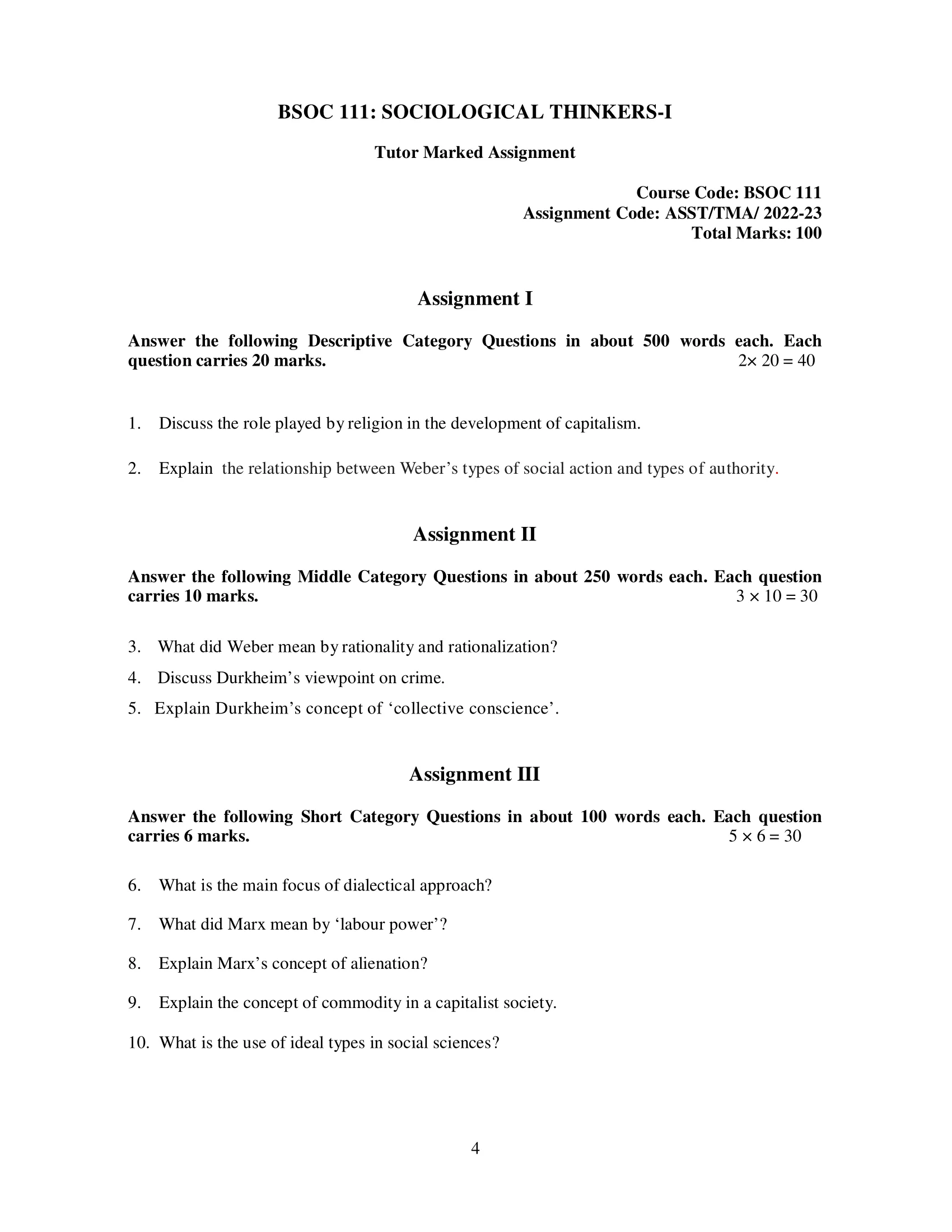 BSOC 111 IGNOU BAG Solved Assignment-SOCIOLOGICAL THINKERS-I