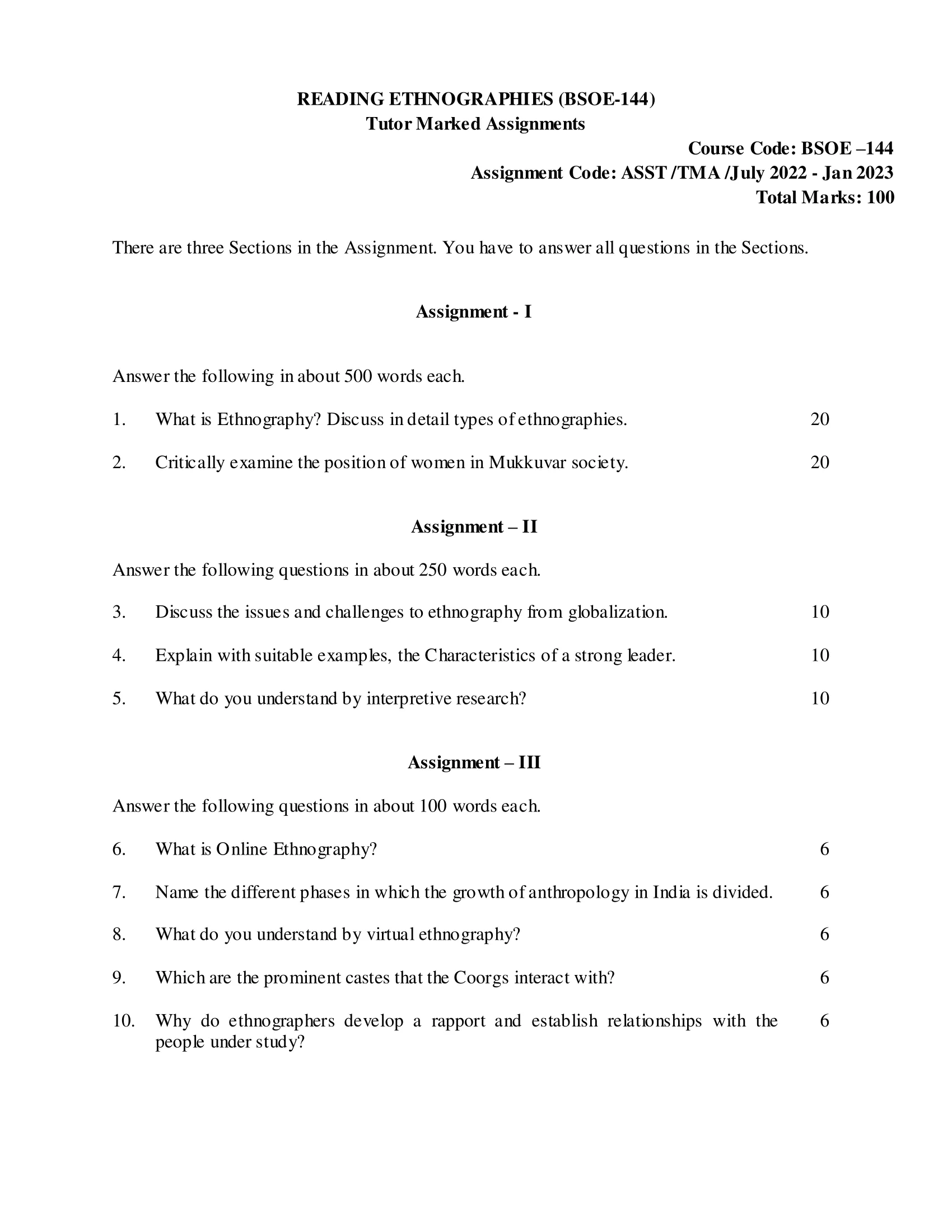 BSOE-144 IGNOU BAG Solved Assignment-READING ETHNOGRAPHIES