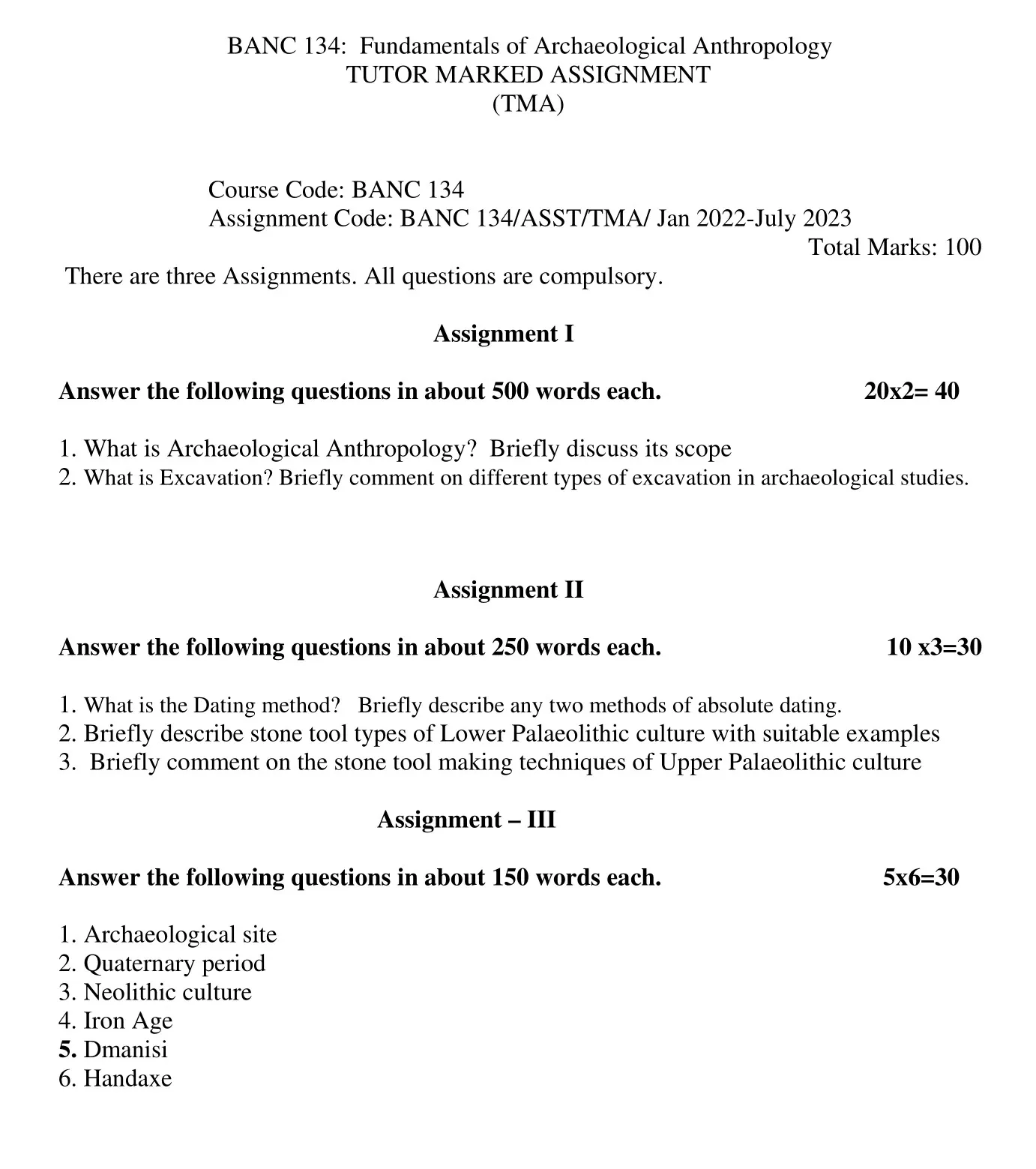 IGNOU BANC-134-Solved Assignment 2022-2023 FUNDAMENTALS OF ARCHAEOLOGICAL ANTHROPOLOGY