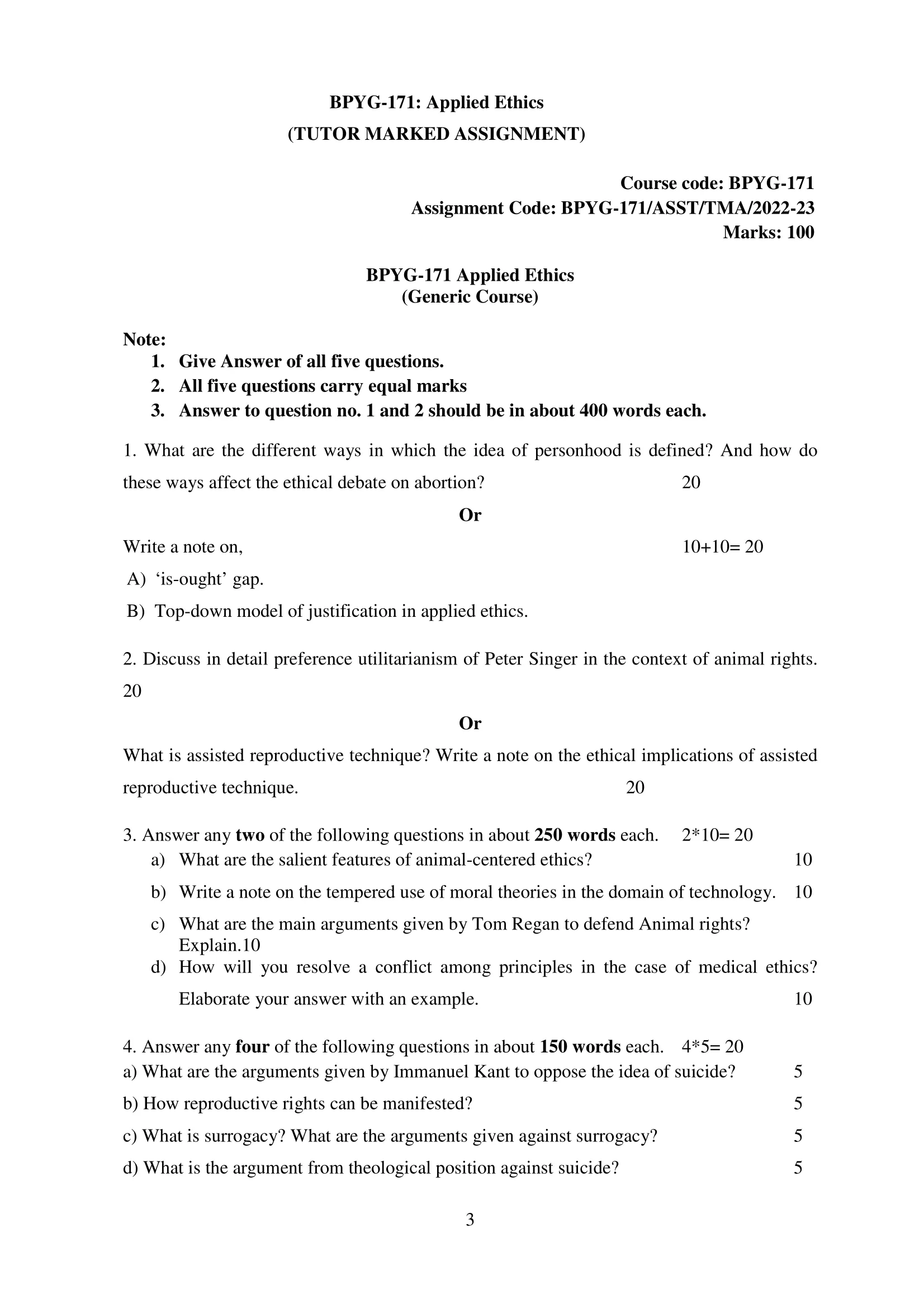 IGNOU BPYG-171-Solved Assignment 2022-2023 Applied Ethics 