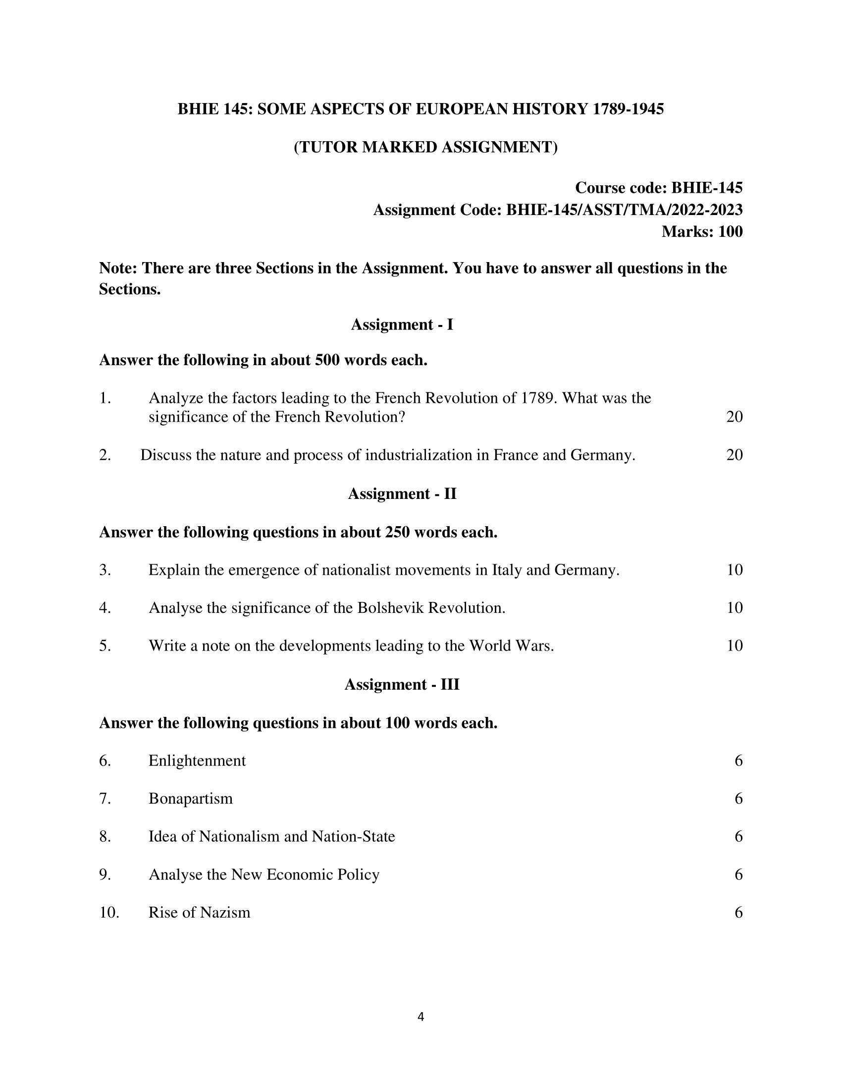 BHIE-145 IGNOU Solved Assignment 2022-2023 SOME ASPECTS OF EUROPEAN HISTORY 1789-1945